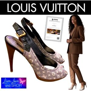 LOUIS VUITTON Monogram Idylle Mini Lin Slingback Open Toe Pumps, w/COA. EUC